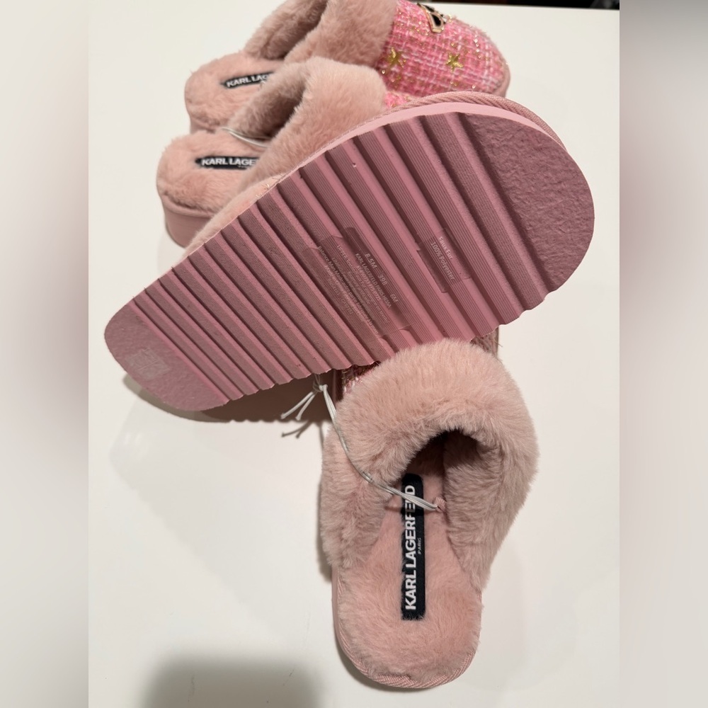 Karl Lagerfeld Pink Tweed Slippers with Sunglasses Charm size 8.5 - Picture 4 of 4